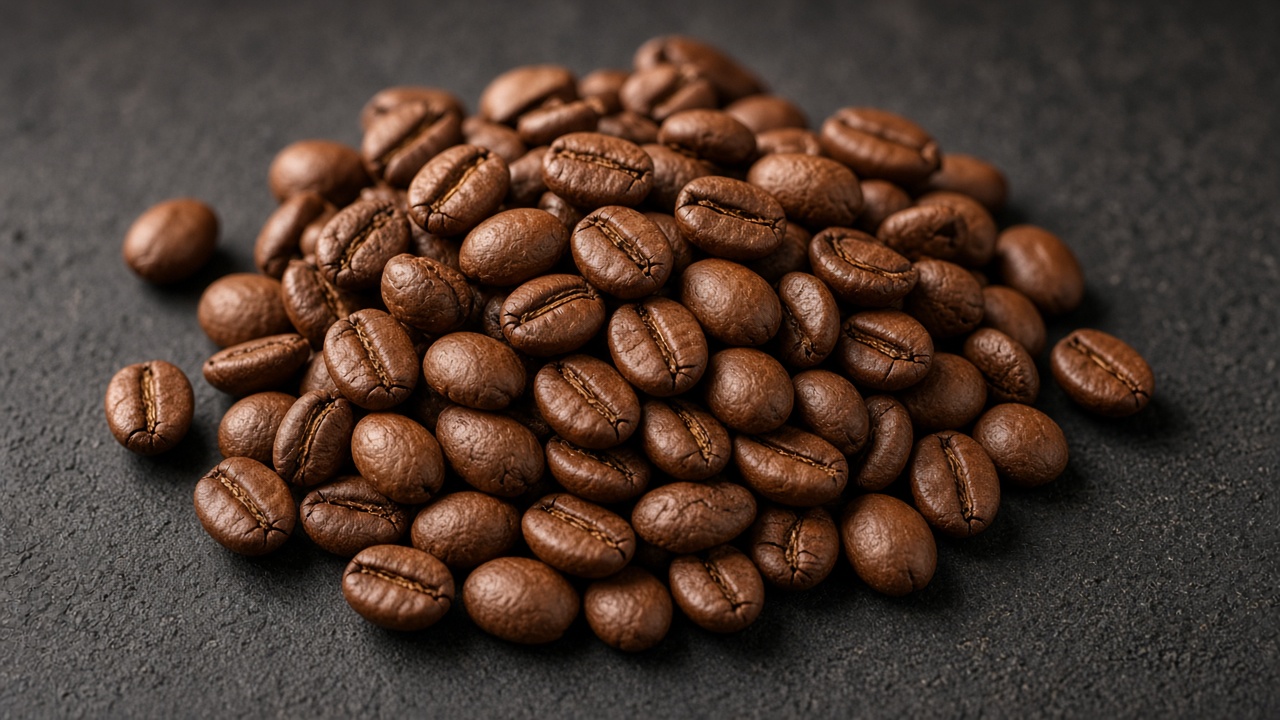 A pile of oval roasted Arabica coffee beans