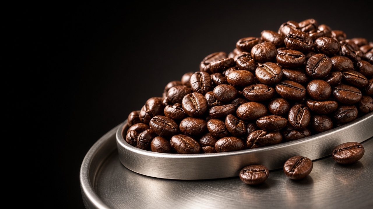 Dark roasted coffee beans cascading from a steel cooling drum in a moody roastery